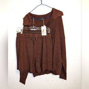 Pretty Garden Knit Ribbed Two Piece Lounge Set Sweater and Shorts 4" inseam